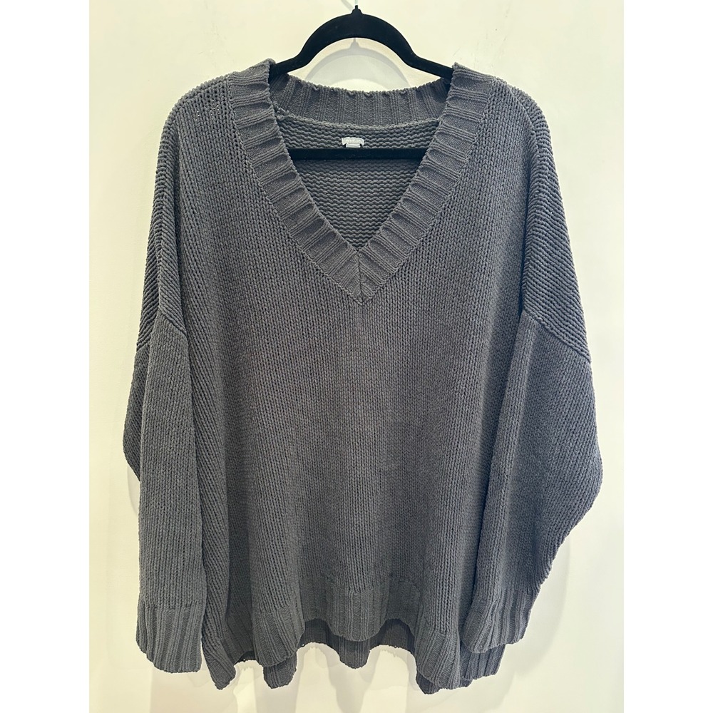 Aerie Women Large Gray Chenille Oversized V-Neck Sweater Slouchy Knit super soft